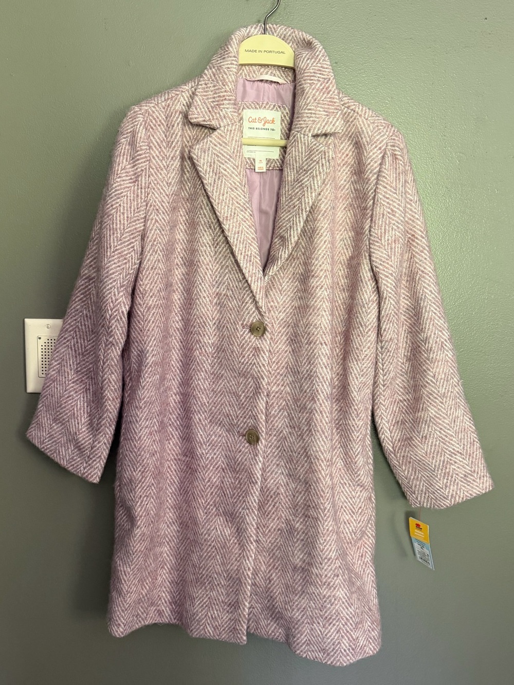 NWT Cat & Jack Girls Mauve Gray Herringbone Faux Wool Long Coat Size XL